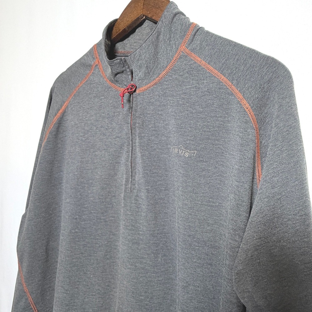 Orvis Trout Bum Mens XL Gray Orange Stitch Quarter Zip Pullover Long Sleeve Top